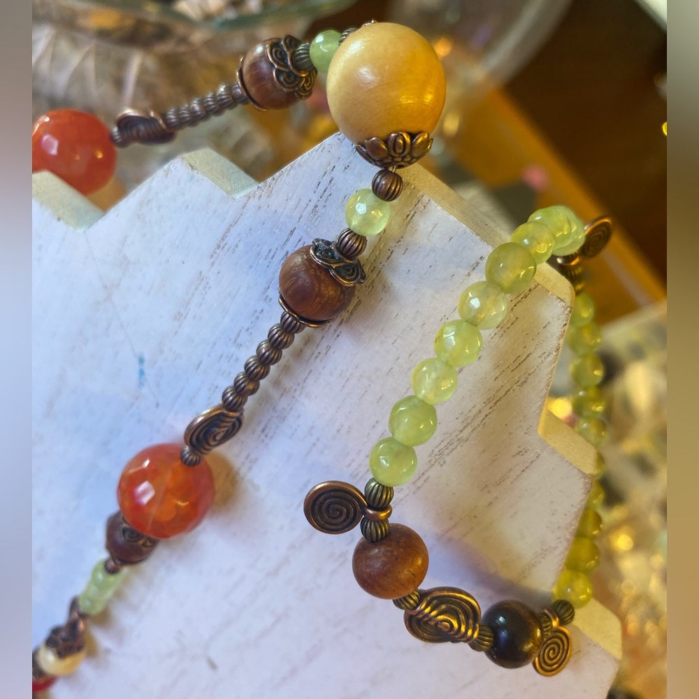 Hand-crafted necklace and bracelet set. Authentic stones. Sandalwood. Copper.
